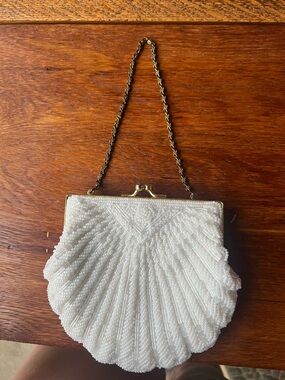 Vintage La Regale White Beaded Shell Clutch with Gold Chain